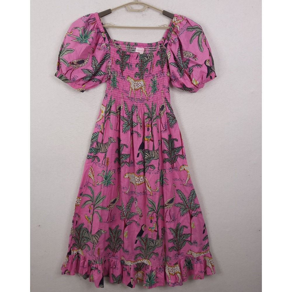 Mary Marshmallow Smocked Midi Dress Womens Large Pink Safari Cotton Puff Sleeve